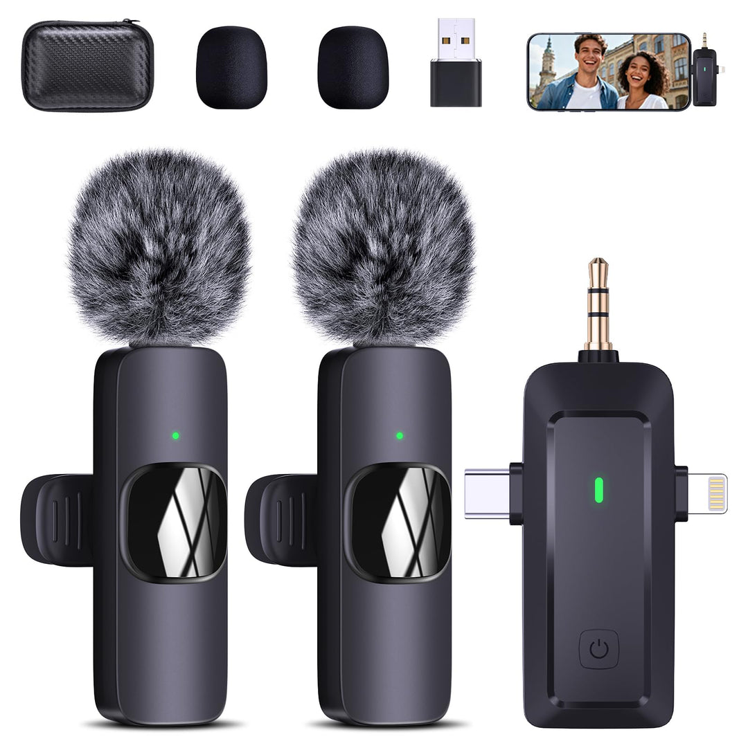 Wireless Lavalier Mikrofon für iPhone/Handy/Kamera/Computer - 4 in 1 Ansteckmikrofon Kabellos mit Po