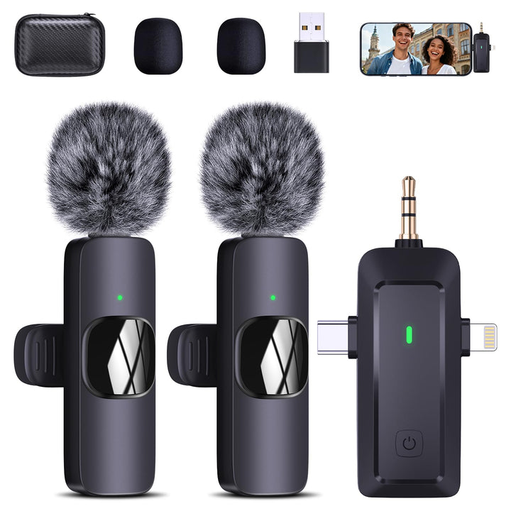 Wireless Lavalier Mikrofon für iPhone/Handy/Kamera/Computer - 4 in 1 Ansteckmikrofon Kabellos mit Po