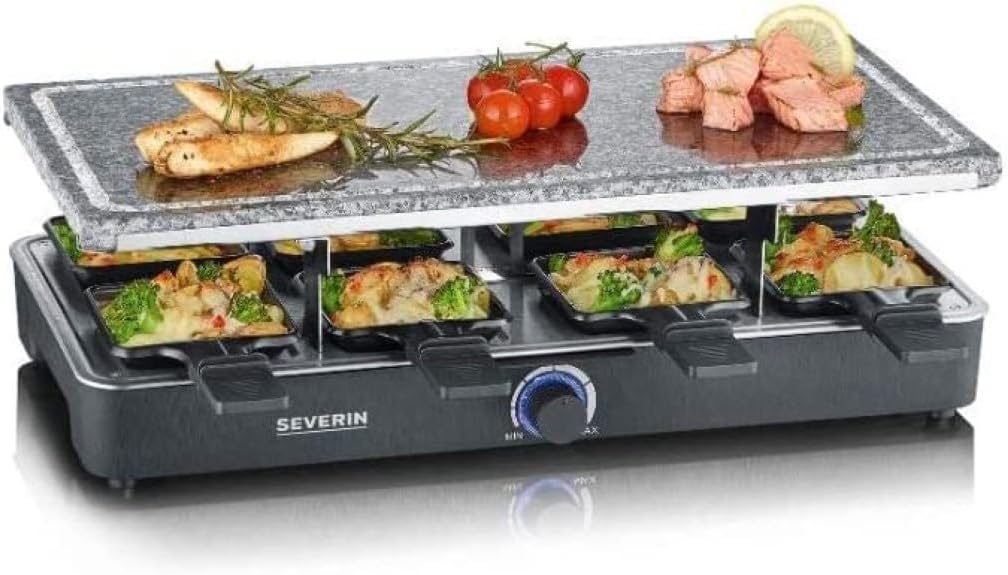 SEVERIN Raclette-Partygrill mit Naturgrillstein, Raclette mit Grillplatte aus Stein und 8 antihaftbe