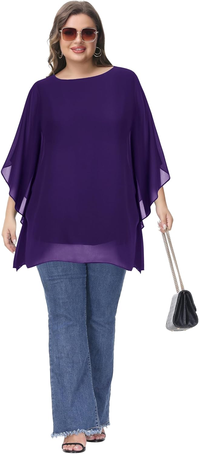 Hanna Nikole Damen Grosse Grössen Chiffon Blusen Elegant Fledermaus Hemd Doppellagige Tops Lose Long