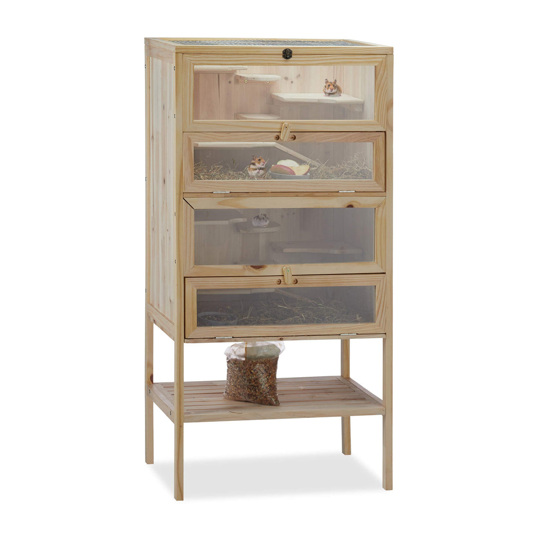 Relaxdays Hamsterkäfig aus Holz, 3 Etagen, Klappen, Sichtfenster, Gitterdach, Nagerkäfig XXL, HBT: 1