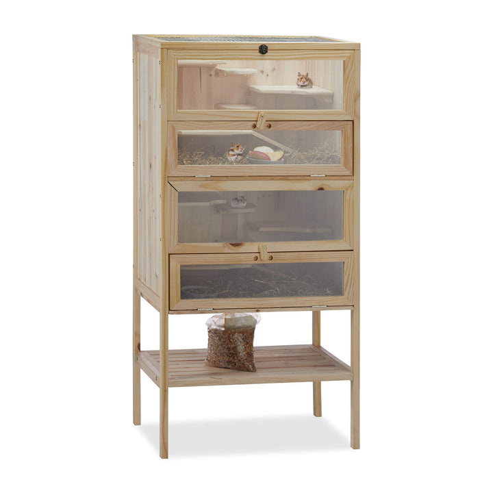 Relaxdays Hamsterkäfig aus Holz, 3 Etagen, Klappen, Sichtfenster, Gitterdach, Nagerkäfig XXL, HBT: 1