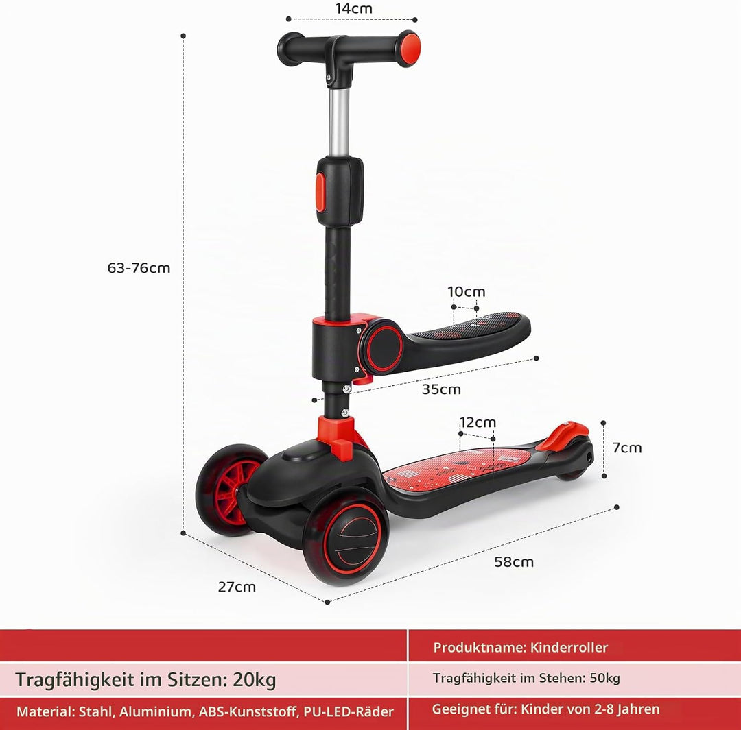 Kinderroller mit 360° drehbarem Sitz, stufenlose Höhenverstellung, Scooter mit LED-Rädern, Faltbarer