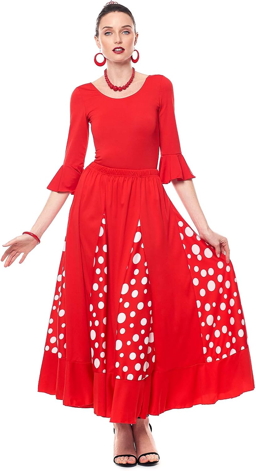 Flamenca-Rock für Damen, gepunktet, Volant, zweifarbig, Erwachsenengrössen: S bis XXL, rot, schwarz,