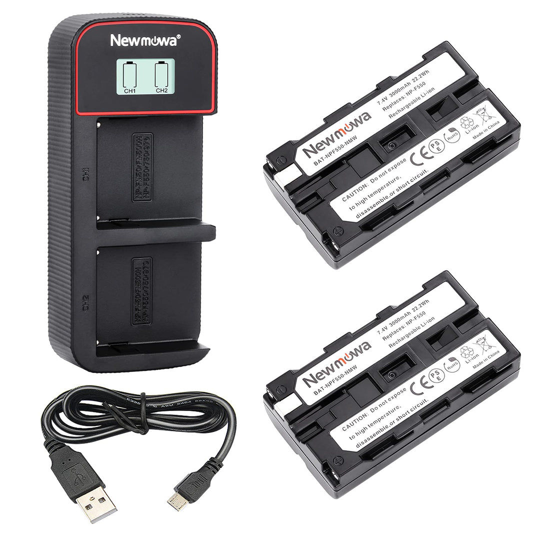 Newmowa NP-F550 Ersatzakku (2er-Pack) und Smart LCD Display Dual USB-Ladegerät für Sony NP-F550 und
