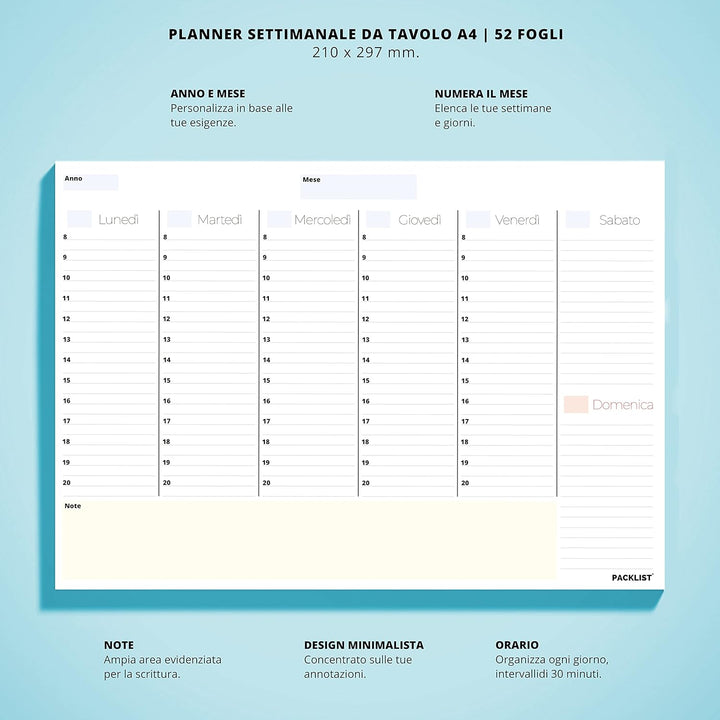 Planner Settimanale Scrivania - A4 - Agenda 52 Flogi - Appuntamenti - Calendario Perpetuo di Design