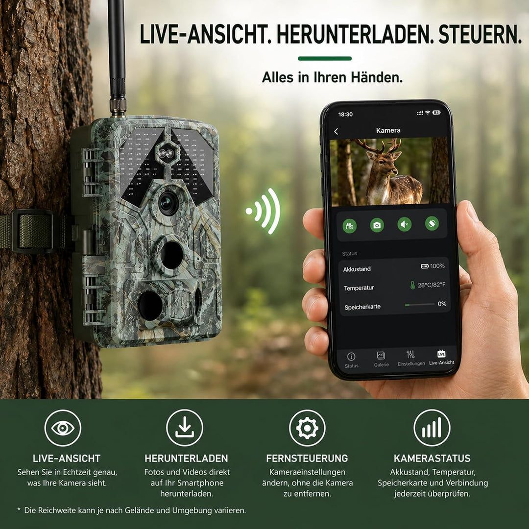 Wildkamera mit Handyübertragung App – 4K Video & 64MP Fotos – WLAN & Bluetooth – Wildtierkamera mit