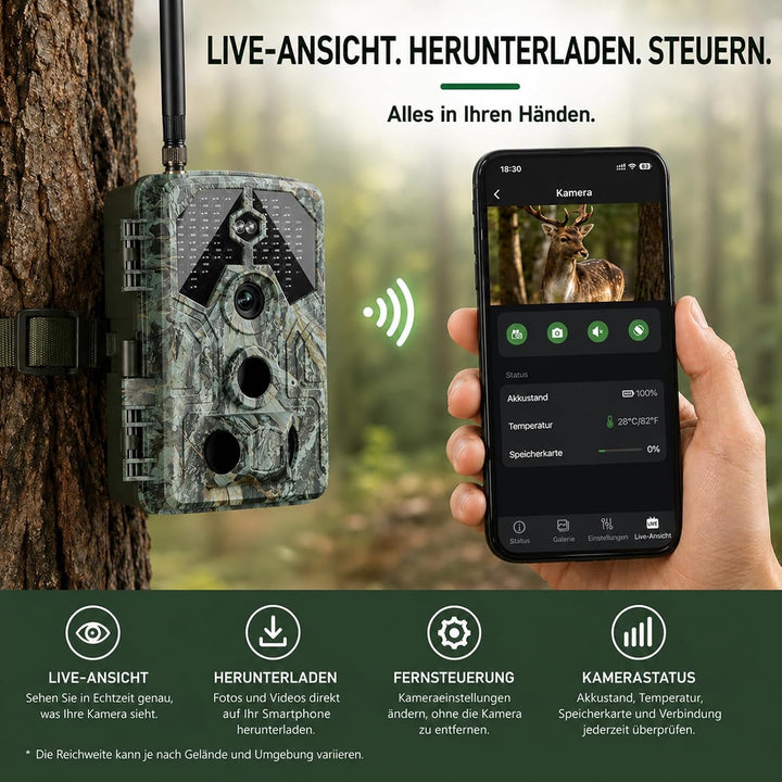 Wildkamera mit Handyübertragung App – 4K Video & 64MP Fotos – WLAN & Bluetooth – Wildtierkamera mit