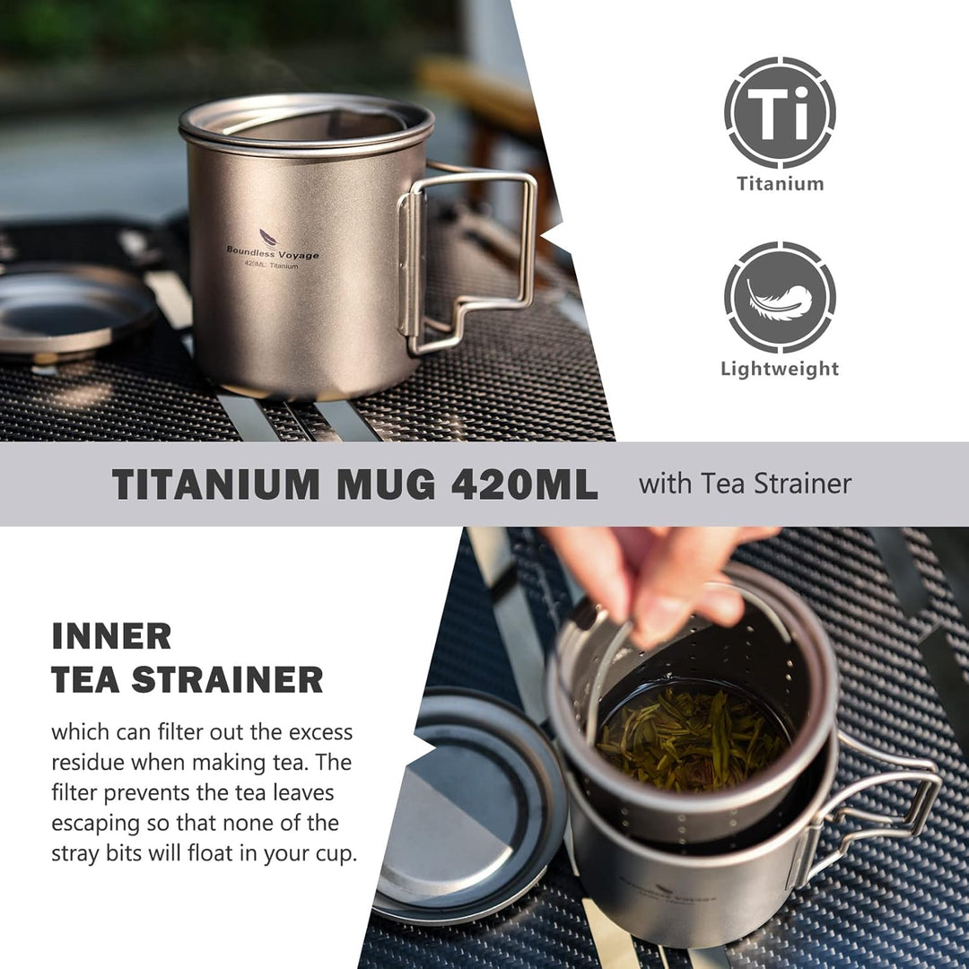 iBasingo 420ml / 14.2 fl oz Titan Becher mit Teesieb und Deckel Leichte Tasse mit Filter Outdoor Cam
