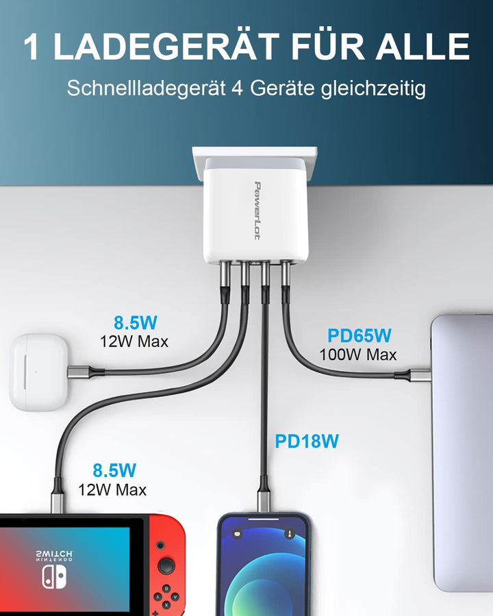 PowerLot 100W USB C Ladegerät GaN Pro 4 Port PD USB Netzteil, Schnellladegerät für MacBook Pro, Leno
