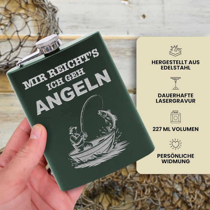 Flanacom Flachmann aus Edelstahl 227 ml (8oz) – Angeln &amp; Fischer Design – inkl. Trichter – Auslaufsi