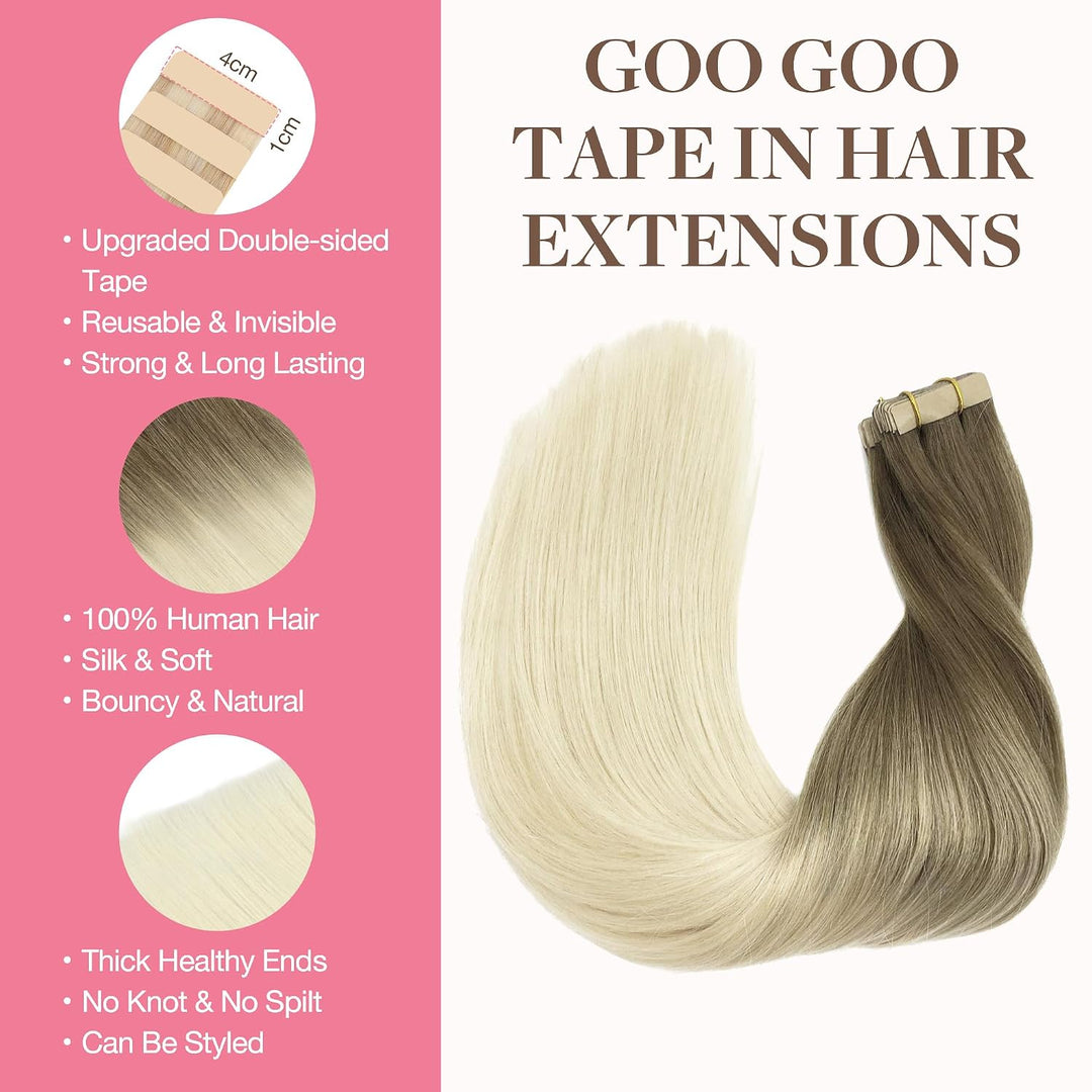 GOO GOO Tape in Exitensions Echthaar, Ombre Ash Brown bis Platinum Blonde 20pcs 50g 45cm, Remy Tape