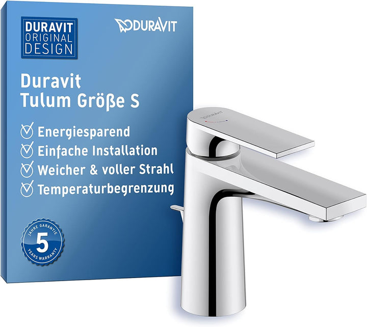 Duravit Tulum Waschtischarmatur, Grösse S (Auslauf Höhe 97 mm), Wasserhahn Bad mit Zugstangen-Ablauf