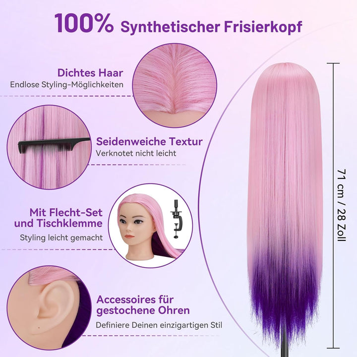 TwoWin Friseurkopf Echthaar mit Ohrlöchern, 71 cm (28 Zoll) 100% Synthetischer Mannequin Frisierkopf