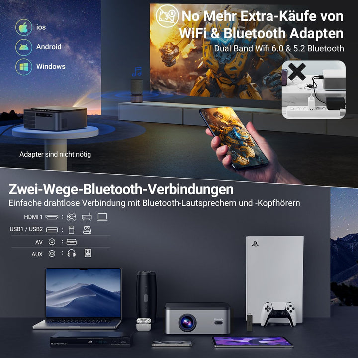 Beamer 4K Unterstützung, 25,000 Lux,Native 1080P, HDR 10,Smart Auto Focus, Heimkino Projektor, WiFi