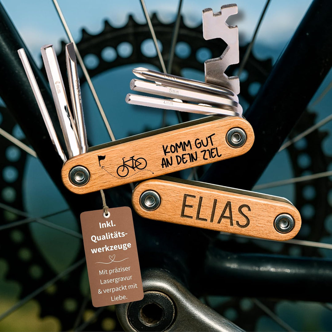 Happy Box® 9in1 Personalisiertes Fahrrad-Multitool aus Buchenholz – Graviertes Werkzeug für Papa zum