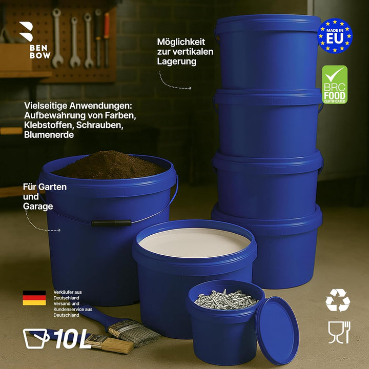 BenBow Eimer mit Deckel 10l blau 20x 10 Liter - lebensmittelecht, stabil, luftdicht, auslaufsicher,