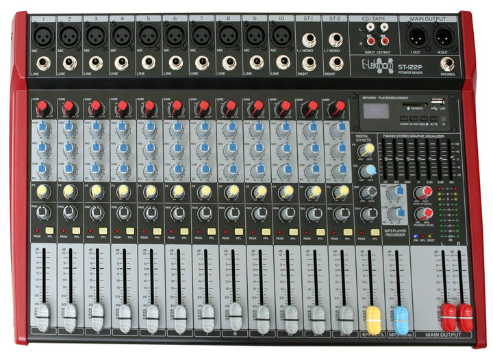 E-Lektron ST-122P Live Power-Mixer 12-Kanal + Stereo MP3/Bluetooth-Kanal Bluetooth Mischpult inkl. 2