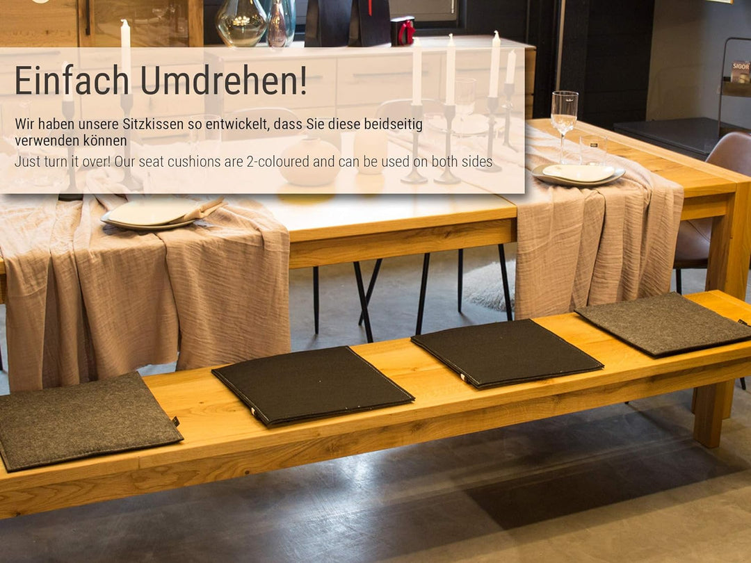 Luxflair Eckiges Filz Wende-Sitzkissen 4er Set in dunkelgrau/schwarz. Waschbare Sitzauflage mit Füll