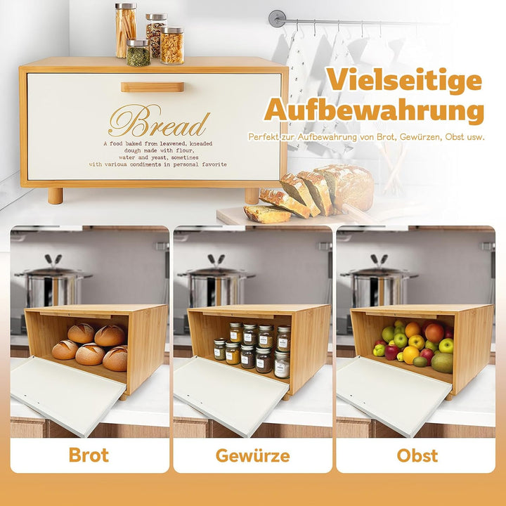 Brotkasten aus Bambus mit 3 Vorratsdosen aus Eisen – Küchen-Aufbewahrungsset mit „Sugar“, „Tea“, „Co
