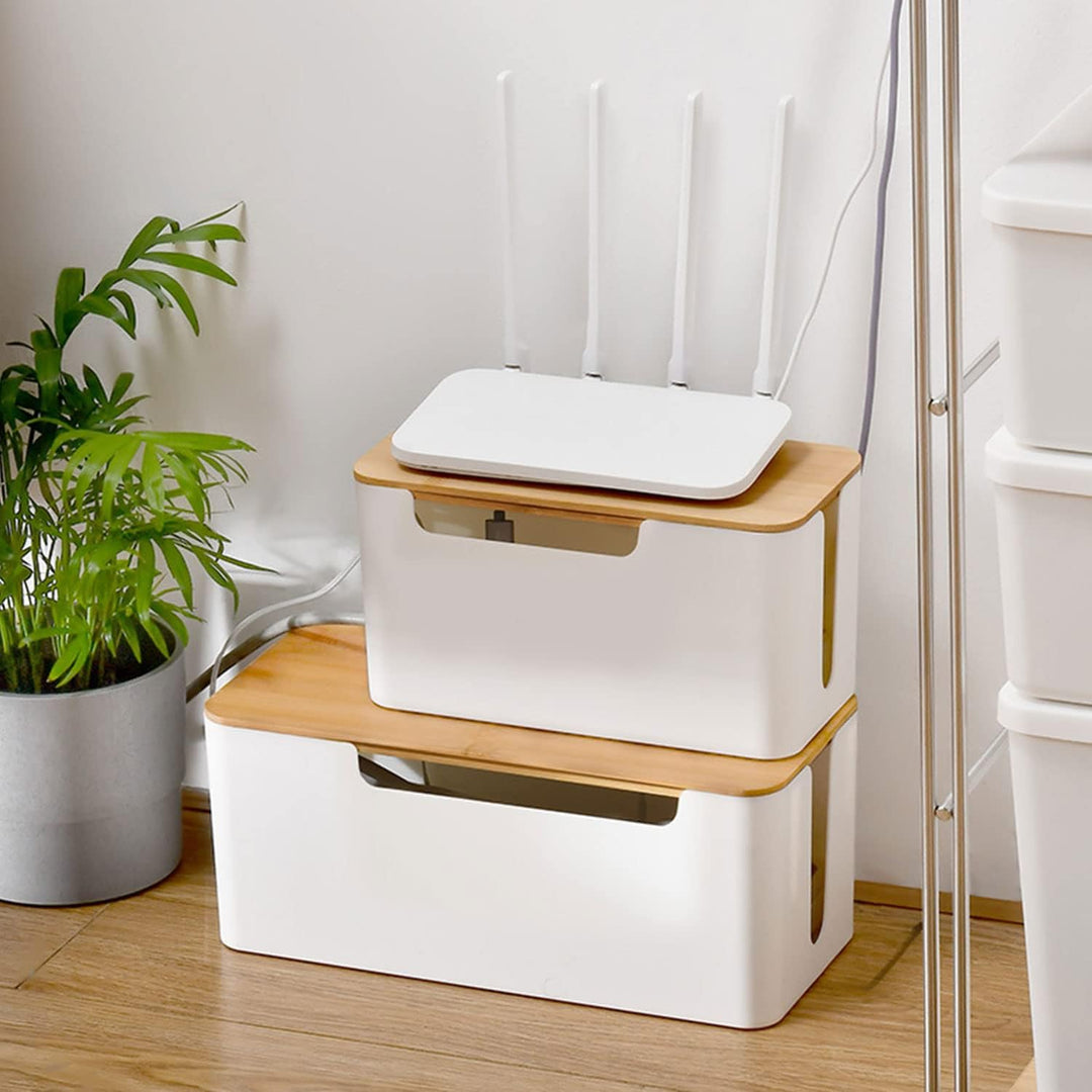 Kabelmanagement Box mit Holz Deckel, 31 x 14 x 12,8cm Weiss Kunststoff Kabelbox Schreibtisch Kabel O