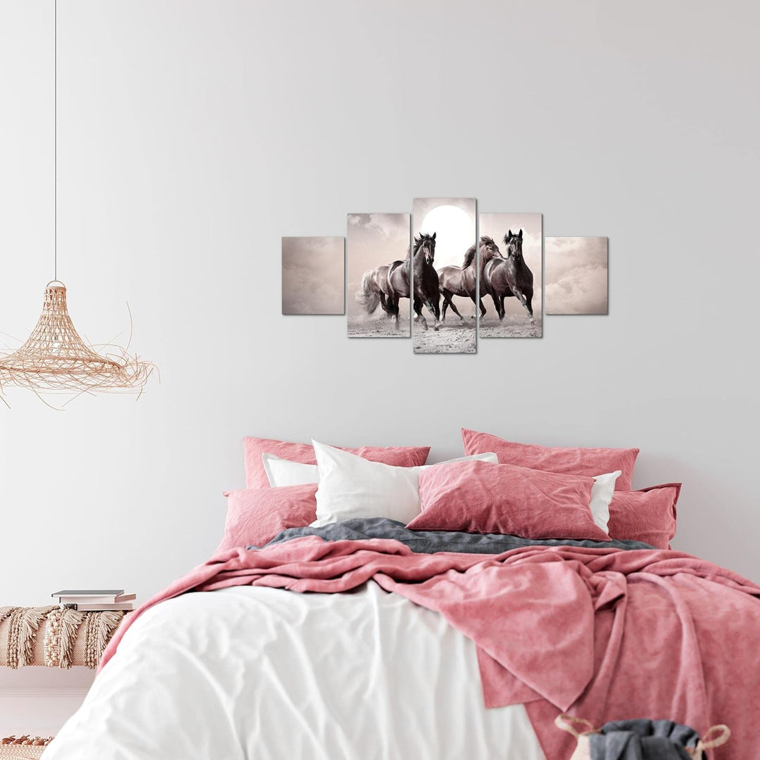 Runa Art Wandbilder Pferde 5 Teilig Bild auf Vlies Leinwand Deko Wohnzimmer Schlafzimmer Tiere Rosa