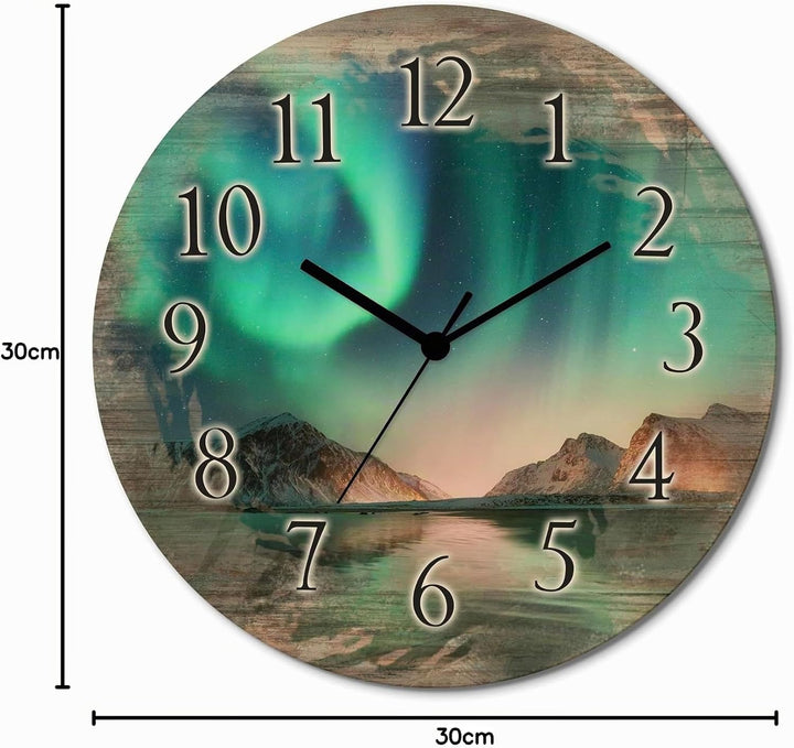ARTLAND Wanddeko Wanduhr ohne Tickgeräusche aus Holz Quarzuhr lautlos rund Ø 30 cm Auroraborialis -