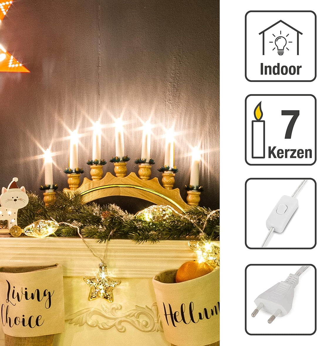 hellum Schwibbogen Weihnachten, 43x27cm, Lichterbogen Weihnachten mit Strom und Schalter, Schwibboge
