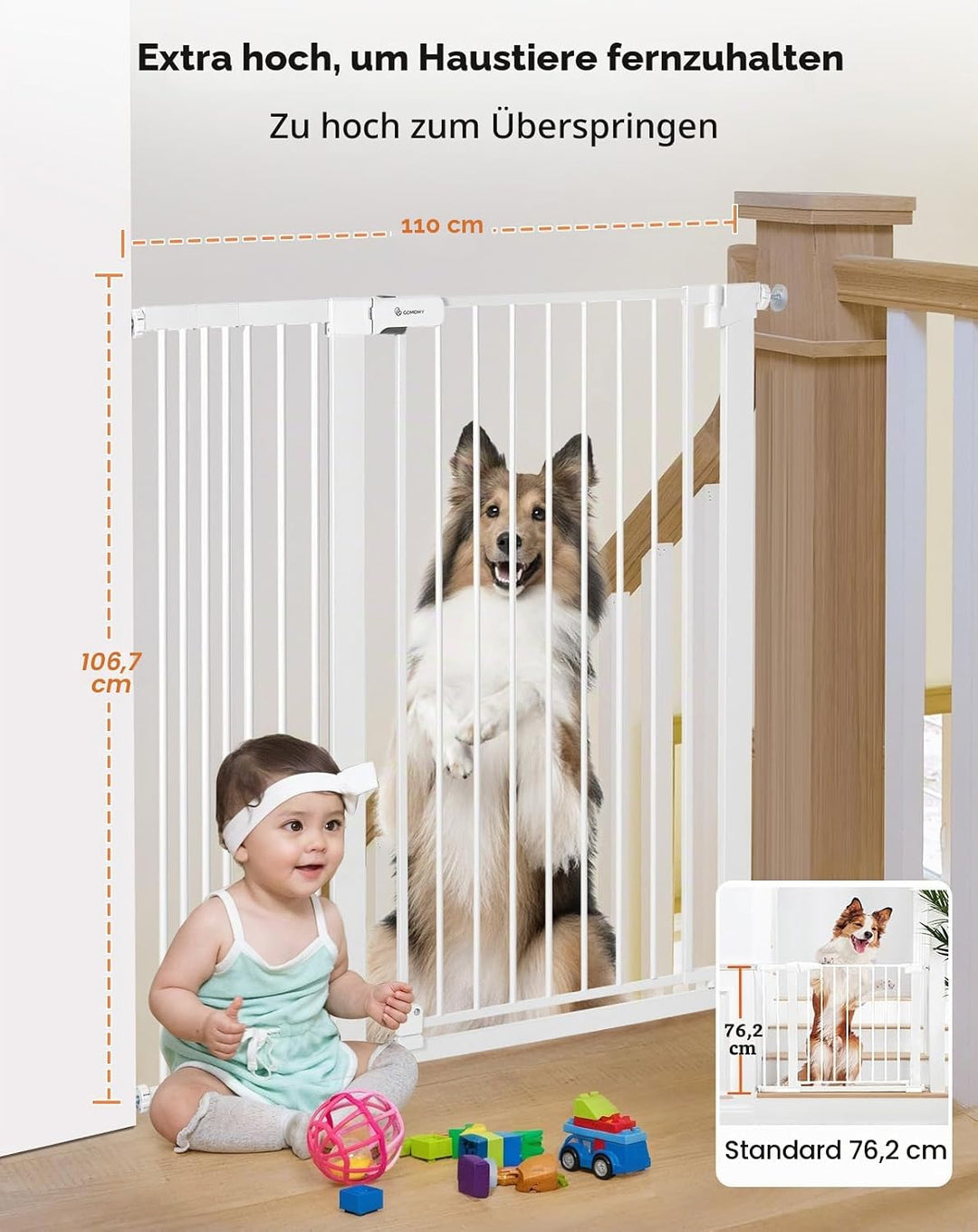 COMOMY 107 cm Extra Hoch Türschutzgitter, 75-110 cm Breit Treppenschutzgitter ohne Bohren, Türgitter