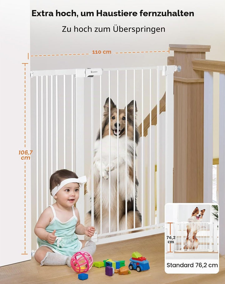 COMOMY 107 cm Extra Hoch Türschutzgitter, 75-110 cm Breit Treppenschutzgitter ohne Bohren, Türgitter