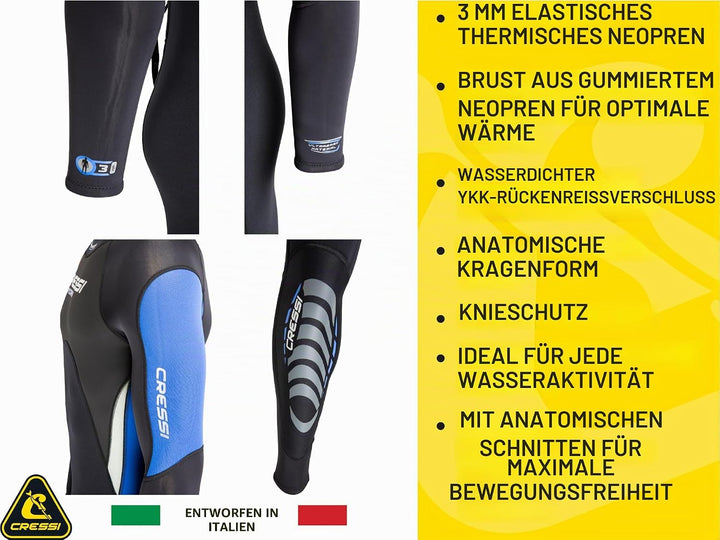 Cressi Morea Herren - Neoprenanzug 3mm für alle Wassersportarten M/3 Schwarz/Blau/Silber, M/3 Schwar