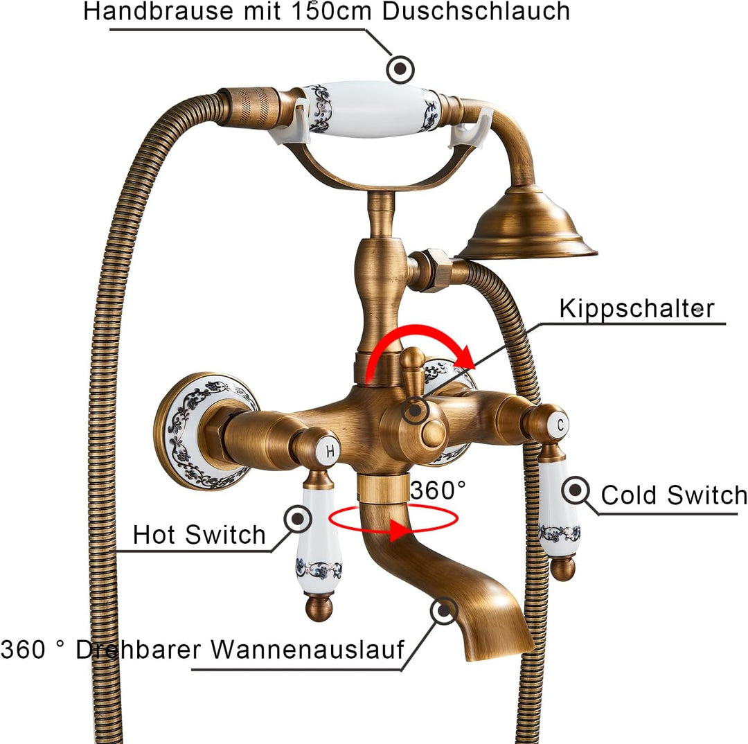 Rozin Badewannenarmatur mit Handbrause Messing Wandhalterung Duschbrause Zwei Keramik Griffe Nostalg
