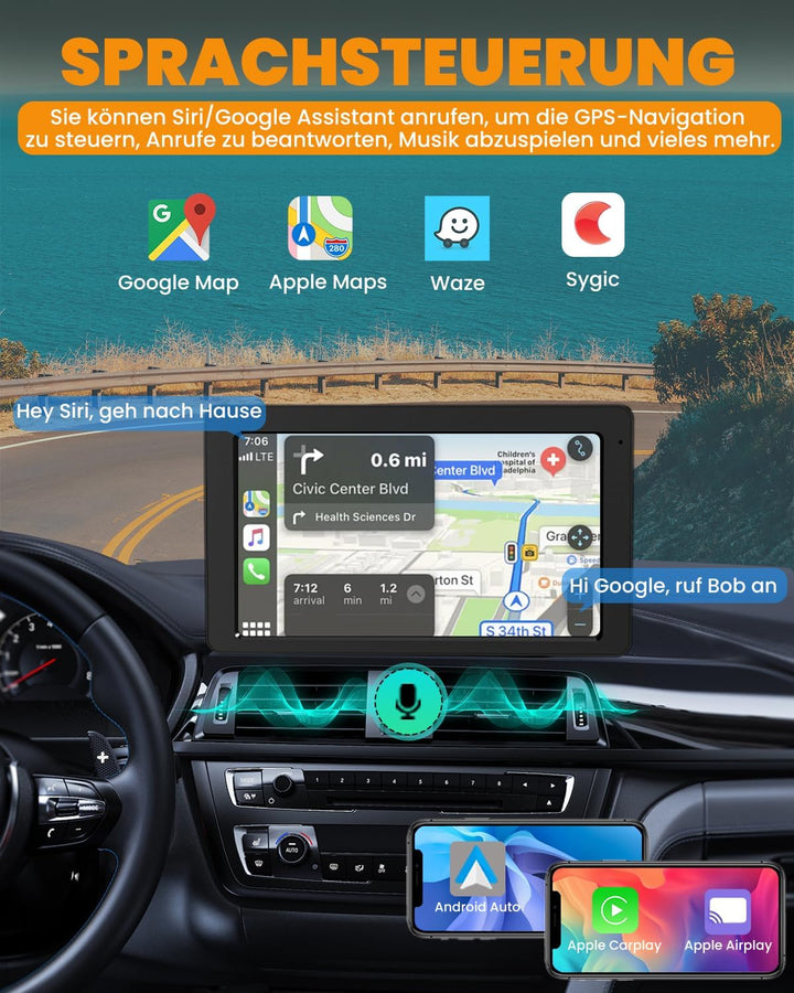 Carplay Display, 7" Apple Carplay, Android Auto Display mit GPS Navigation, Freisprecheinrichtung, B