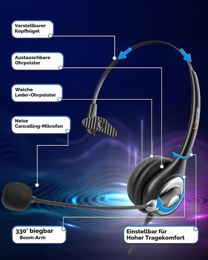 Wantek Kabelgebundene USB-Headsets Mono mit Geräuschunterdrückungs-Mikrofon und Inline-Steuerung, UC
