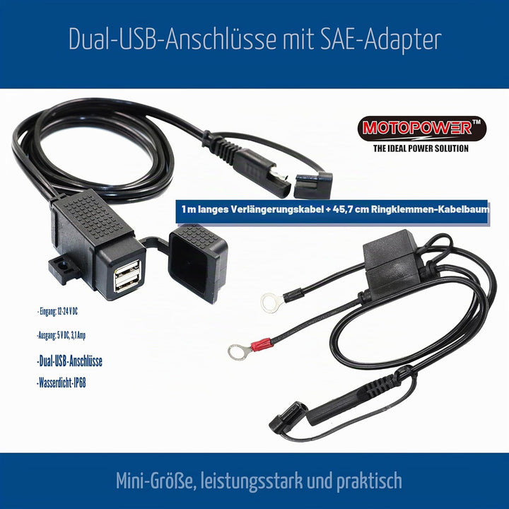 MOTOPOWER MP0609EA-UK 3,1 Amp USB-Ladegerät für Motorrad, wasserdicht, mit SAE-Klemmenkabel
