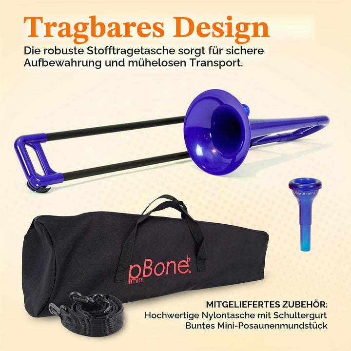 PBONE 700639 Mini-Posaune mit Mundstück und Tasche, blau, Blau
