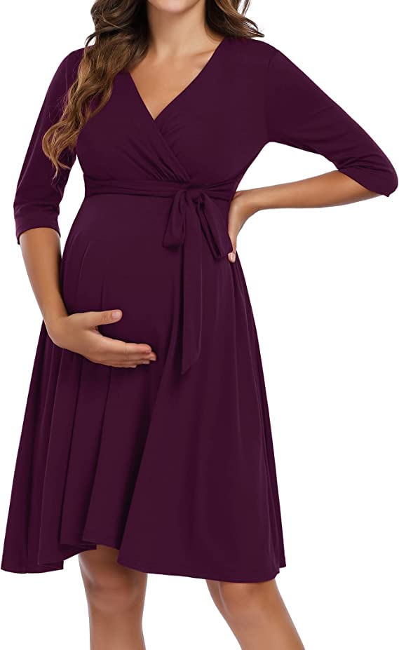 KOJOOIN Damen Umstandskleid Schwangerschafts Kleid für Schwangere Stillkleid V-Ausschnitt Langarm mi