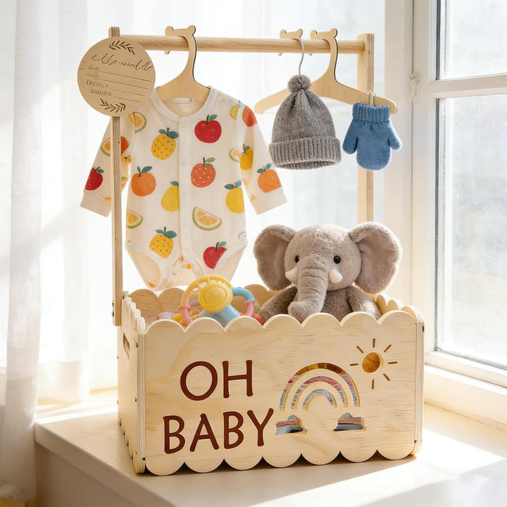 Holz Babyparty Geschenk mit Griff, Baby Aufbewahrungskorb, Holz Baby Geschenk Korb, Babykorb Neugebo