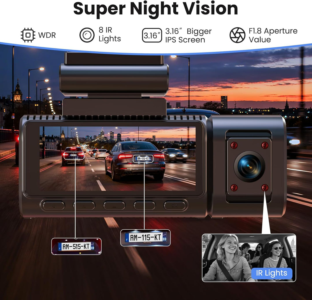 Dashcam Auto Vorne Hinten 4K+1080P mit GPS WiFi,3 Channel 1080P Dash Cam Auto Kamera 3,16" IPS Bilds