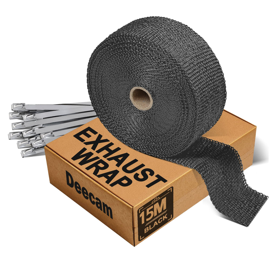 Hitzeschutzband Motorrad 15M Schwarz, Auspuff Hitzeschutzband mit 12 Stück 300x4,6 mm Deecam Kabelbi