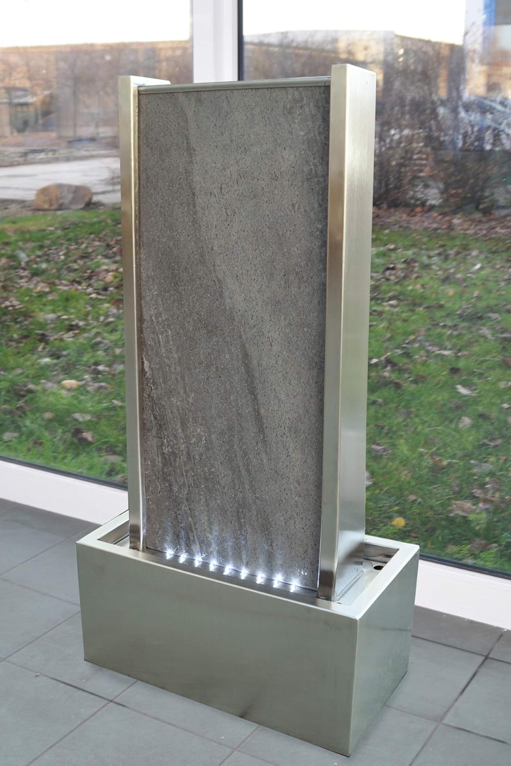 KÖHKO® Wasserwand ca. 78 cm Kombination aus Naturstein und Edelstahl Wasserfall mit LED-Beleuchtung
