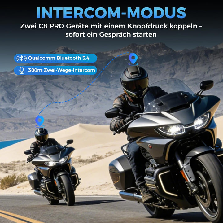 C8 Pro Motorrad Headset mit Gegensprechanlage, Helm Kommunikationssystem für 2 Personen, HD Lautspre