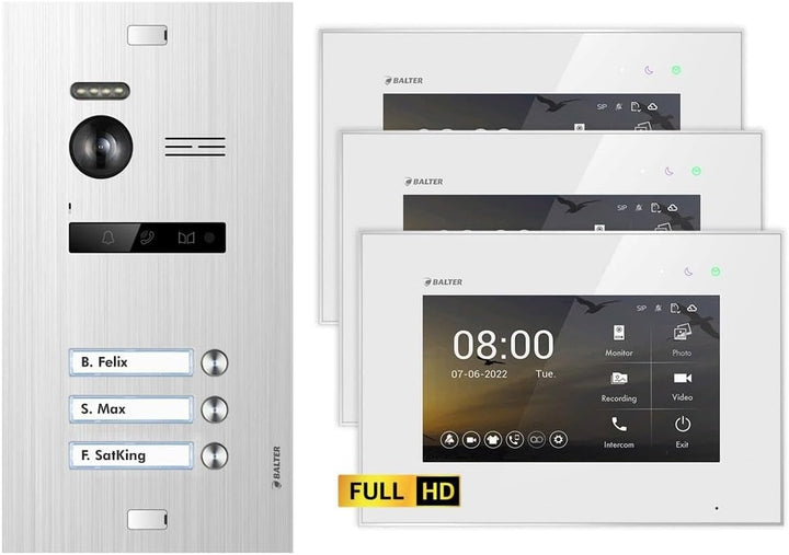 Balter EVO HD Silber/Weiss Video Türsprechanlage Set für 3 Familienhaus (1x Türstation mit Full HD-K