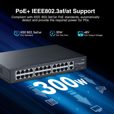 YuLinca 24 Port PoE Switch, 10/100Mbps PoE+ Ports, 2 Gigabit Ethernet Uplink, IEEE802.3af/at, Max 30