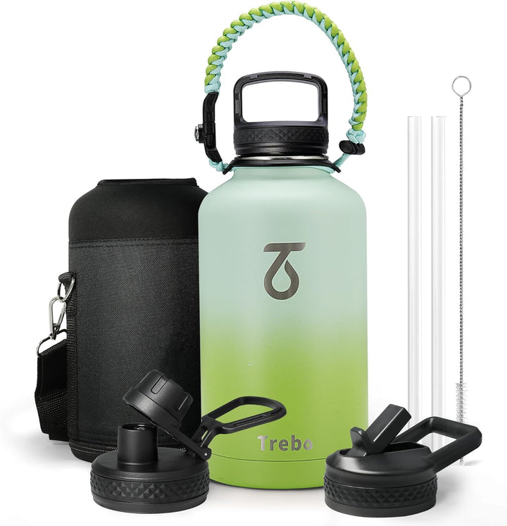 Trebo Isolierte Wasserflasche mit Paracord-Griff und Strohhalm, 1,8 l Fassungsvermögen, Edelstahl, g