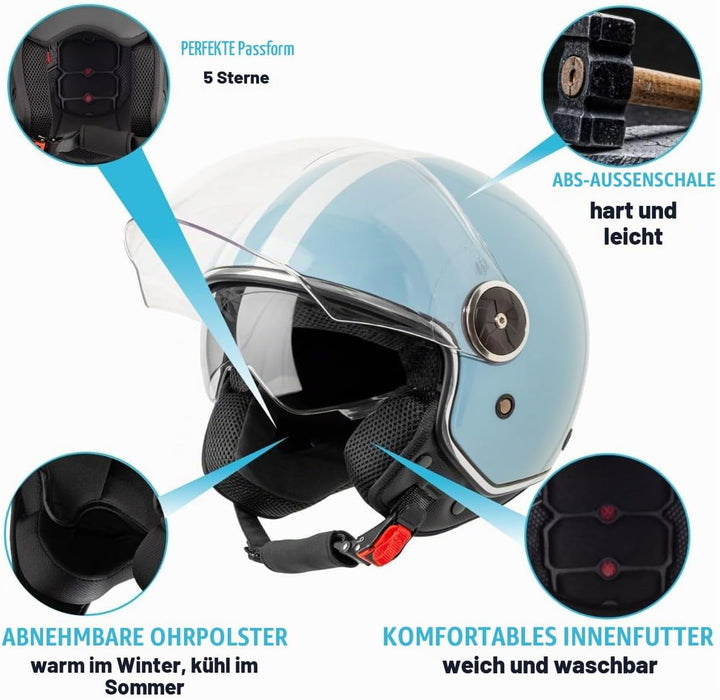 VINZ Arenas Jethelm mit Doppelvisier | Roller Helm Fashionhelm mit Streifen | In Gr. XS-XXL | Jet He