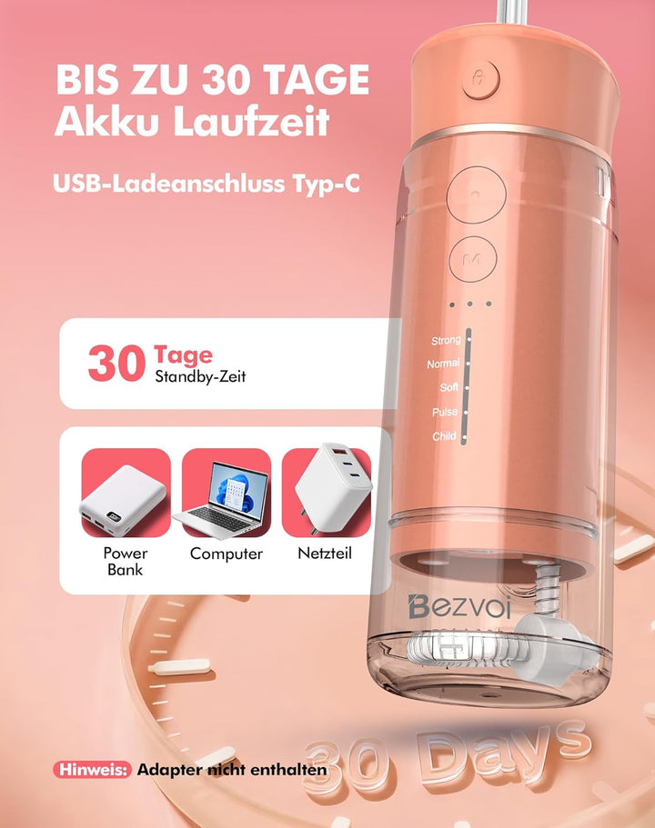 Reise Munddusche Kabellos Zahnreinigung: Oral Irrigator mit 5 Modi, 180ML Wassertank IPX7 Wasserdich