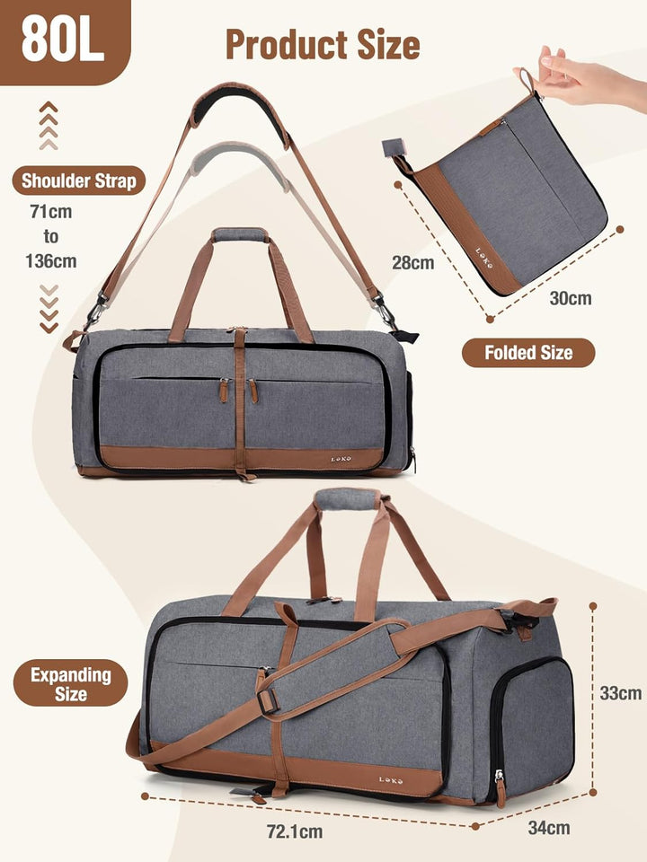 Reisetasche Damen Grosse 80L mit Schuhfach, Lekesky Faltbare Reisetasche Kliniktasche Weekender Dame