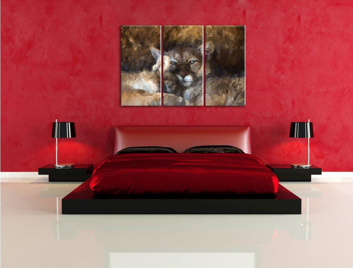 Pixxprint verschlafenes Puma Paar Kunst als Leinwandbild/Grösse: 3 Teilig (120x80 cm) cm/Wandbild/Ku