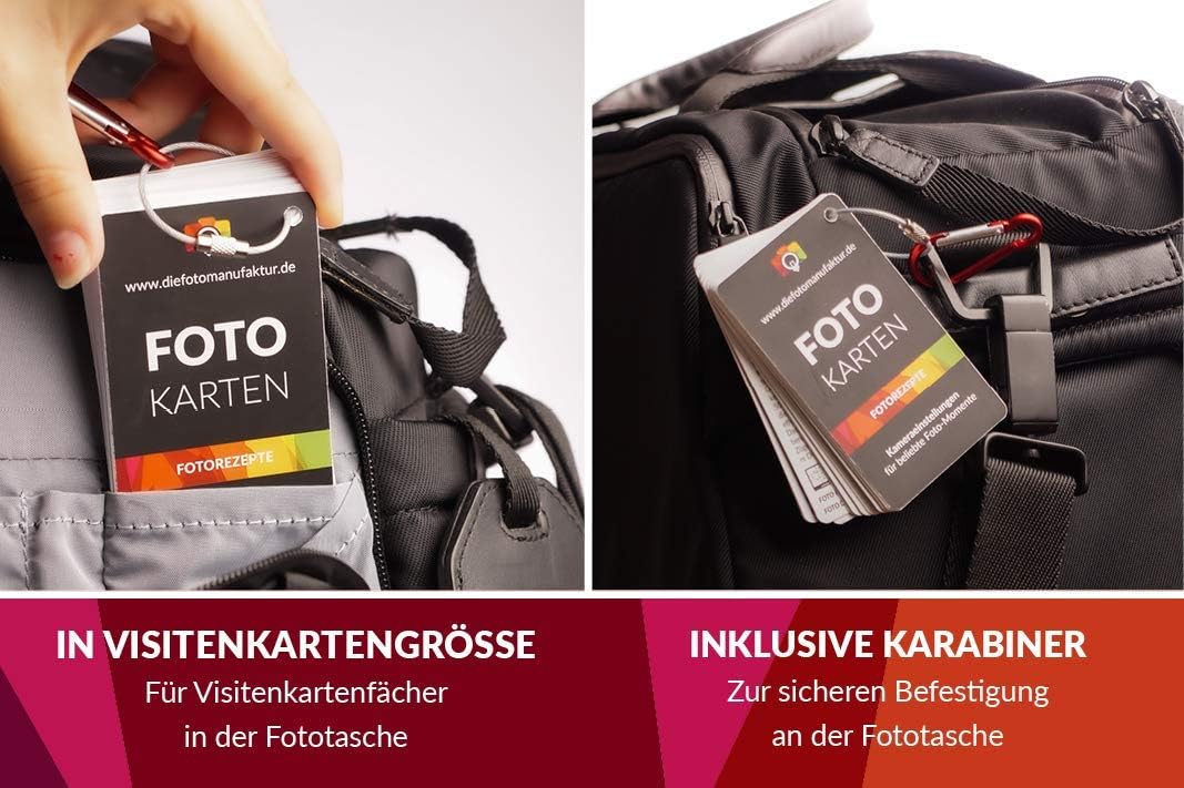 Fotokarten Fotorezepte | 20 Fotografie-Spickzettel mit Kameraeinstellungen & Tipps | CheatCards für
